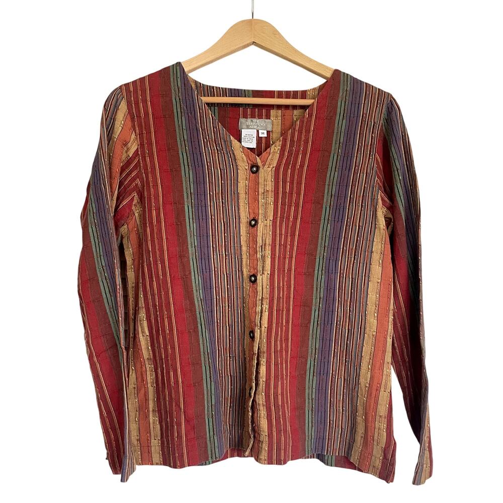 Vintage The Territory Ahead Boho Earthtone Striped Artisan Button Blouse Medium